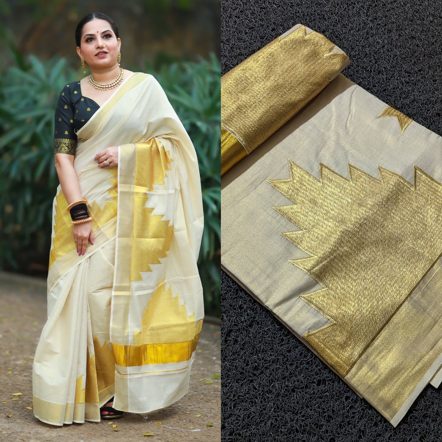 Kerala Tissue Kasavu Saree With Heavy Temple Woven Works on Border