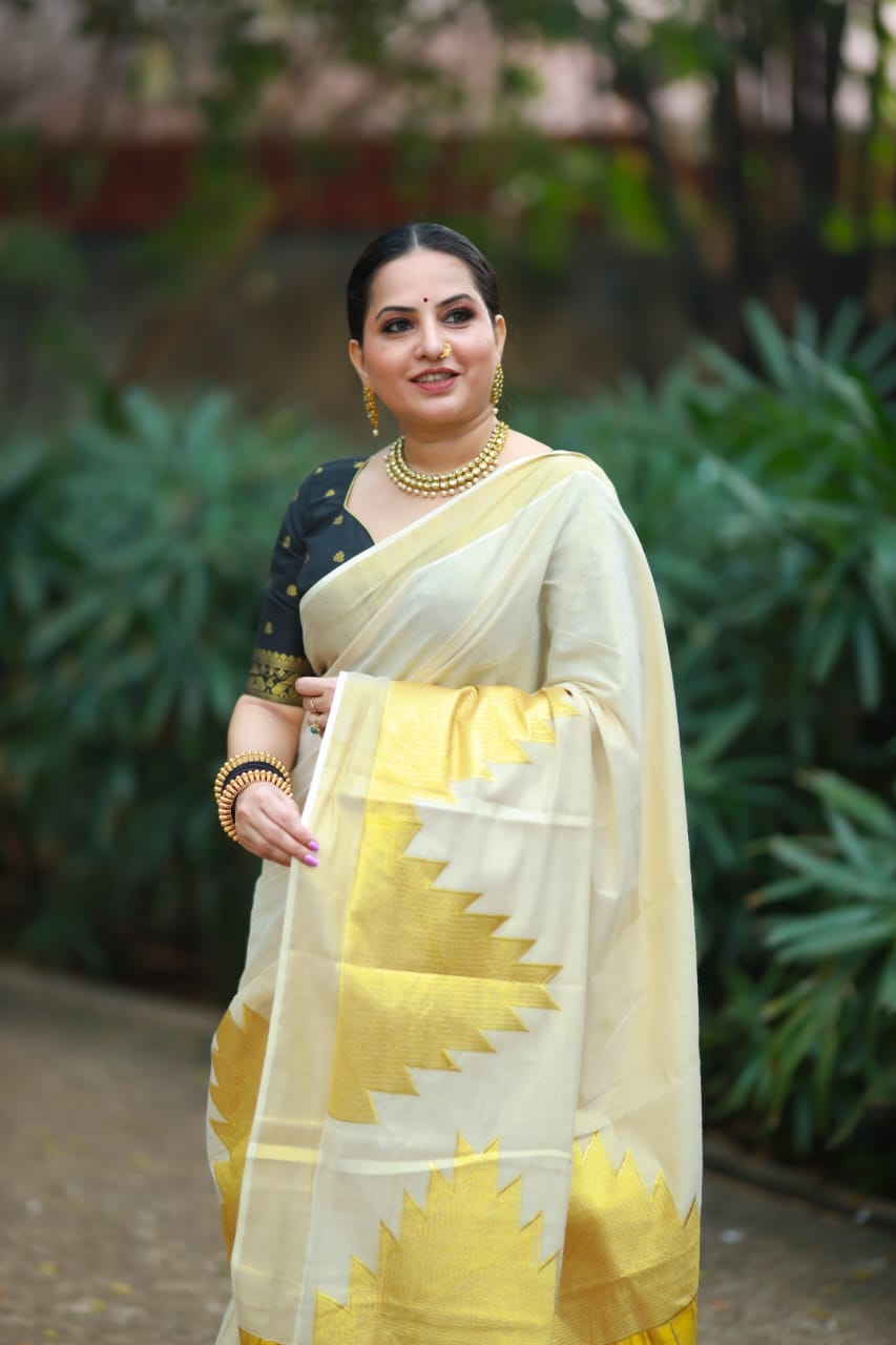 Kerala Tissue Kasavu Saree With Heavy Temple Woven Works on Border