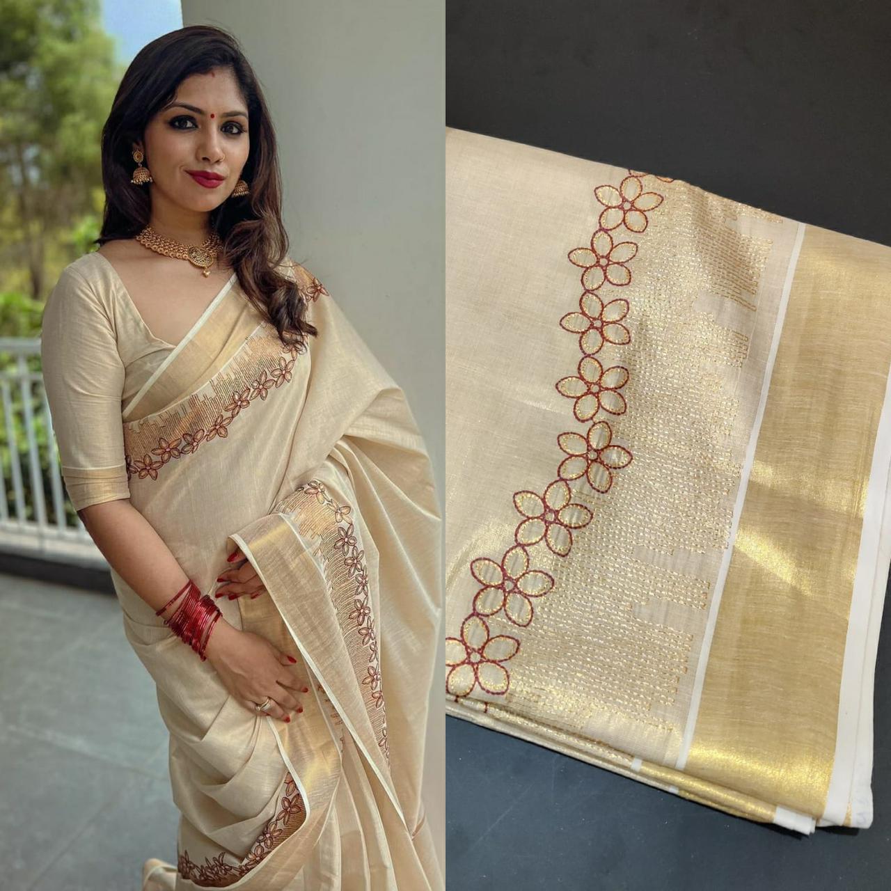 Kerala Kasavu Tissue Saree with Floral Thread works on Border