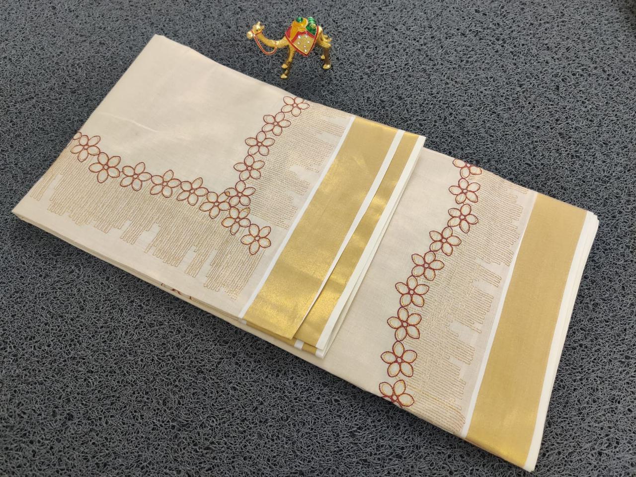 Kerala Kasavu Tissue Saree with Floral Thread works on Border