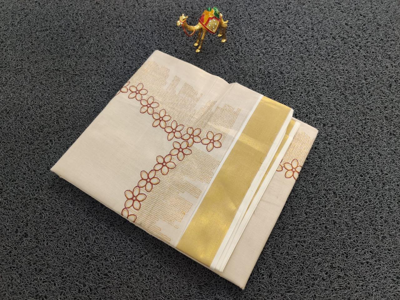 Kerala Kasavu Tissue Saree with Floral Thread works on Border