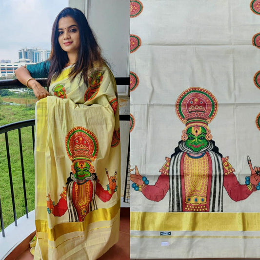 Kerala Tissue Kasavu Saree with Kathakali Mural Printed Designs