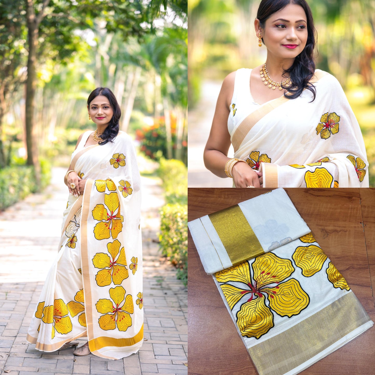 Kerala Cotton Kasavu Saree with Yellow Floral Embroidery Works