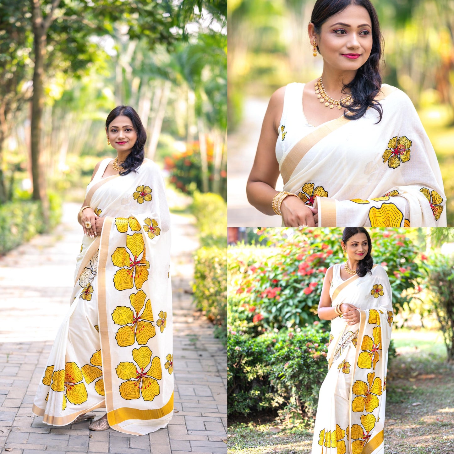 Kerala Cotton Kasavu Saree with Yellow Floral Embroidery Works