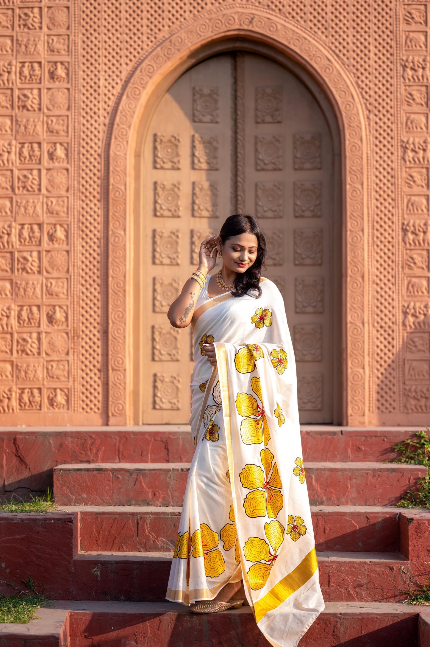 Kerala Cotton Kasavu Saree with Yellow Floral Embroidery Works