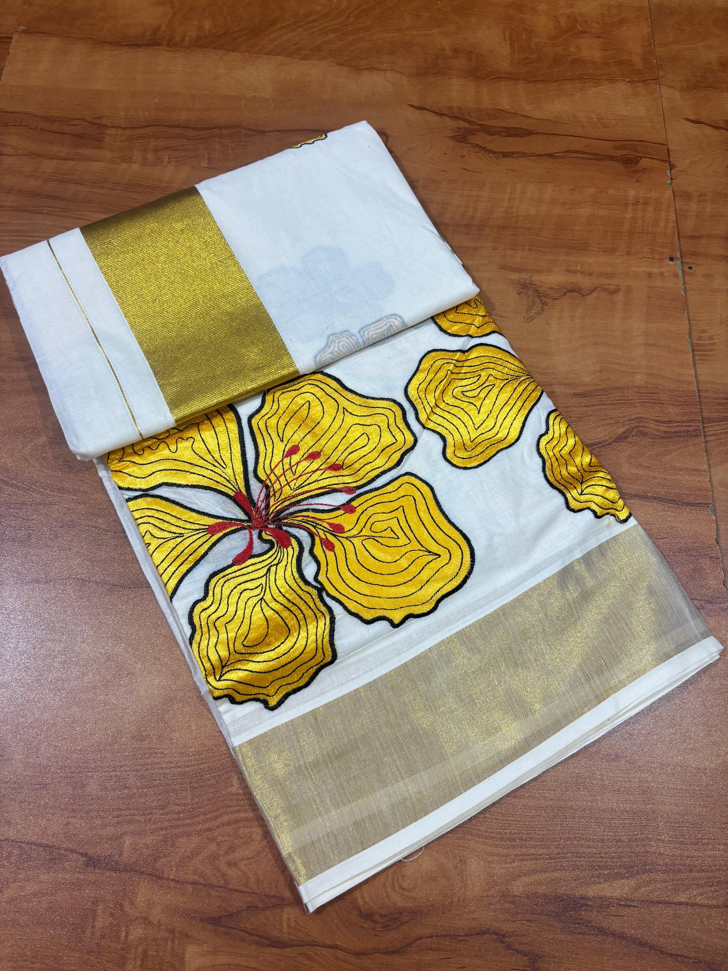Kerala Cotton Kasavu Saree with Yellow Floral Embroidery Works