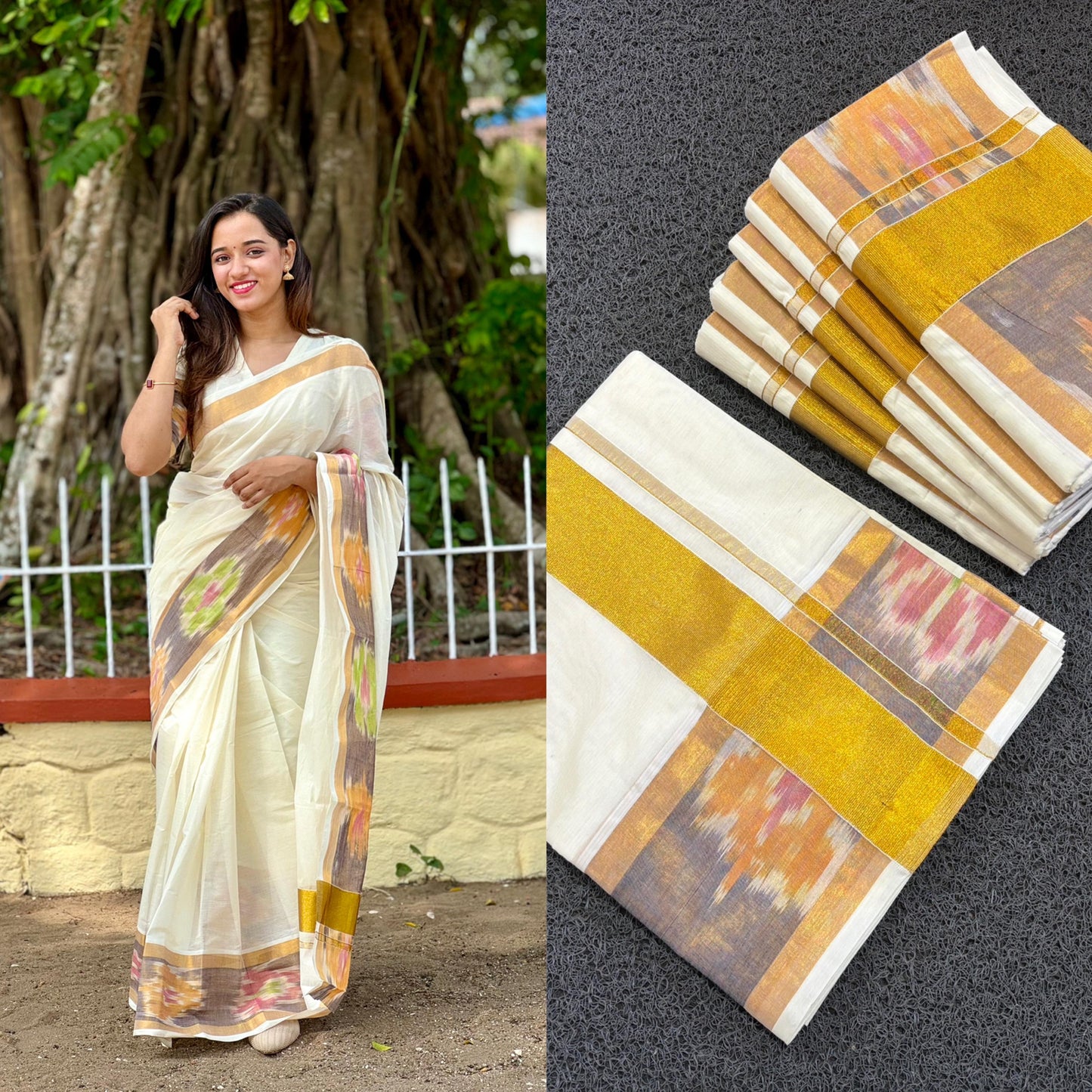 Kerala Cotton Kasavu Saree with Pochampally Design Border