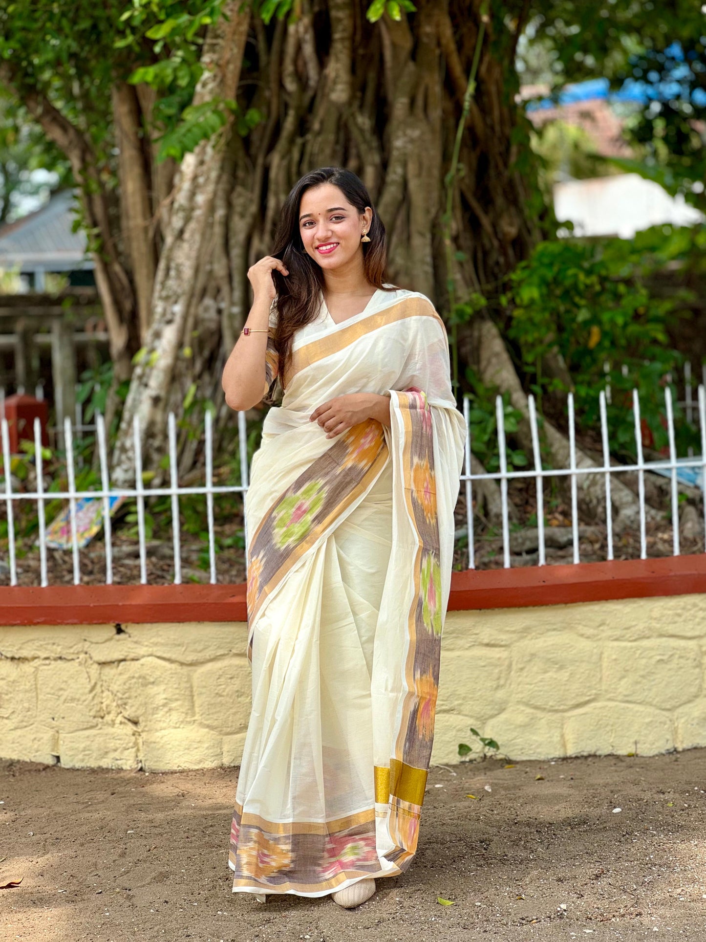 Kerala Cotton Kasavu Saree with Pochampally Design Border