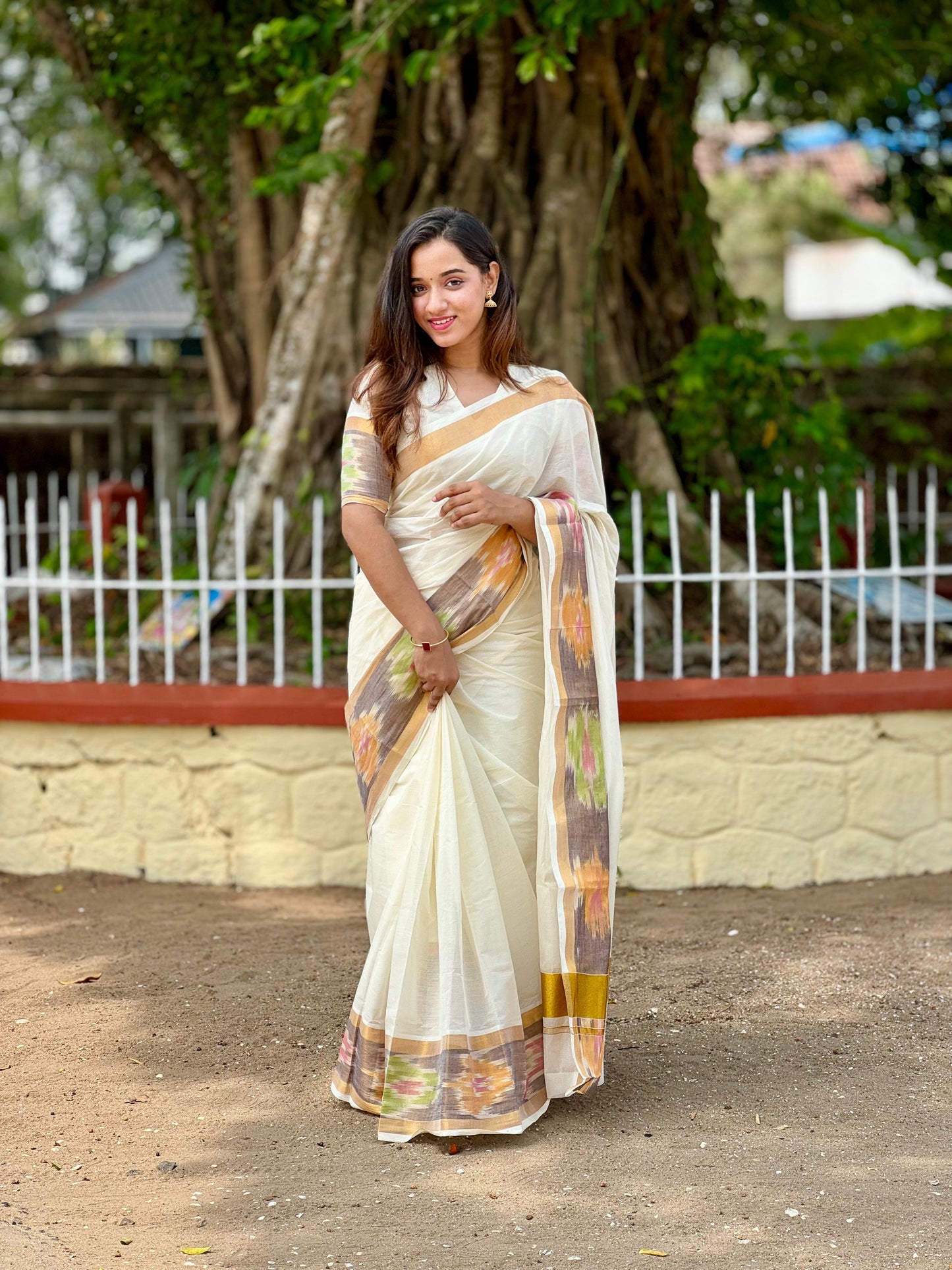 Kerala Cotton Kasavu Saree with Pochampally Design Border