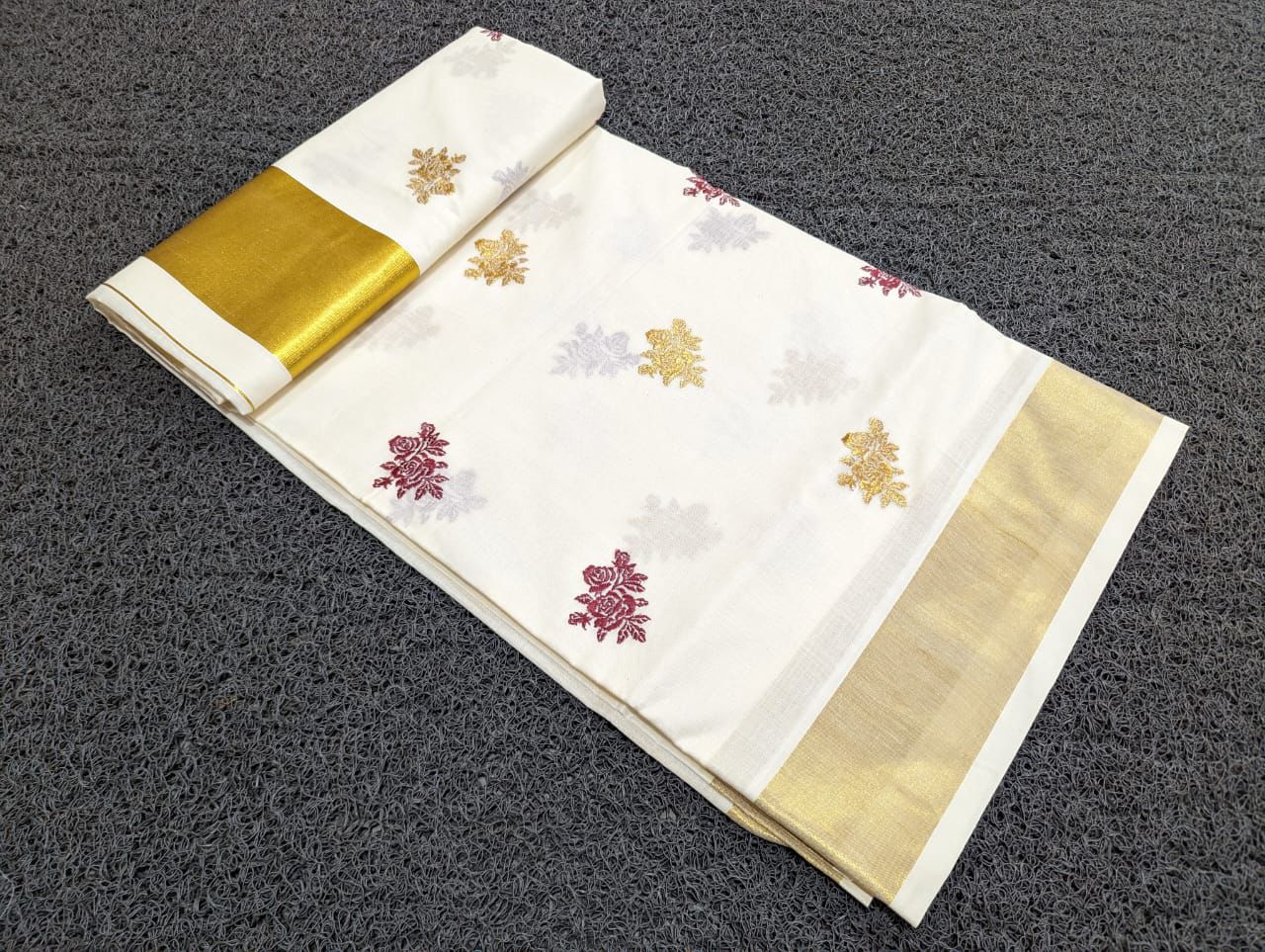 Kerala Cotton Kasavu Saree with Floral Embroidery Works