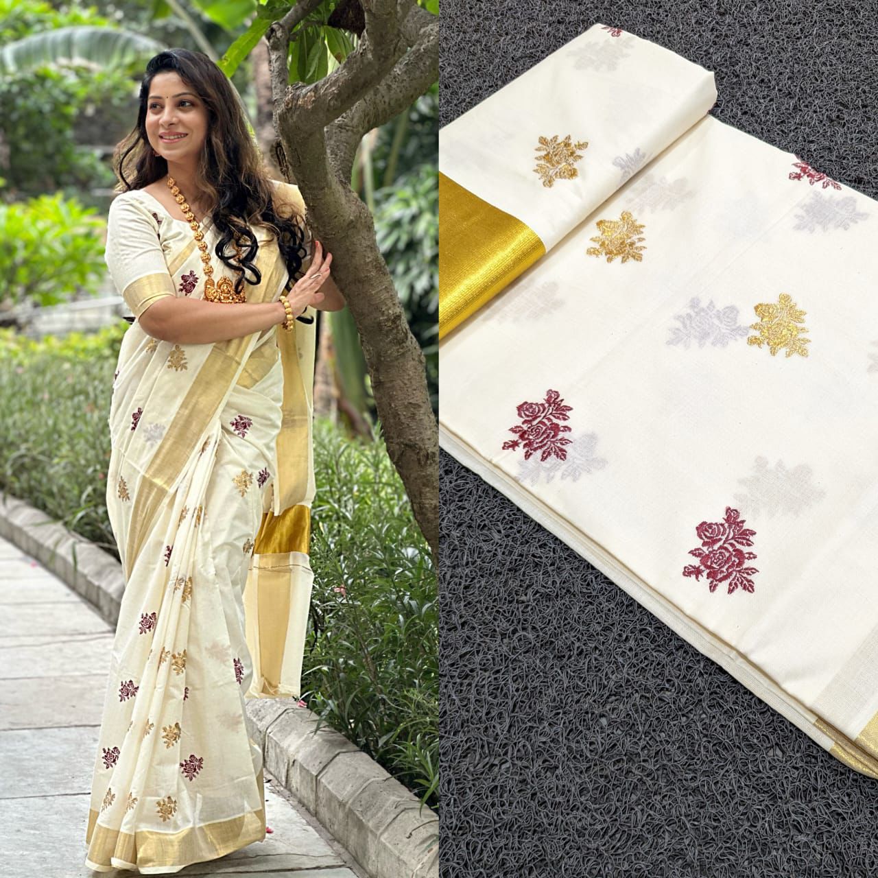 Kerala Cotton Kasavu Saree with Floral Embroidery Works