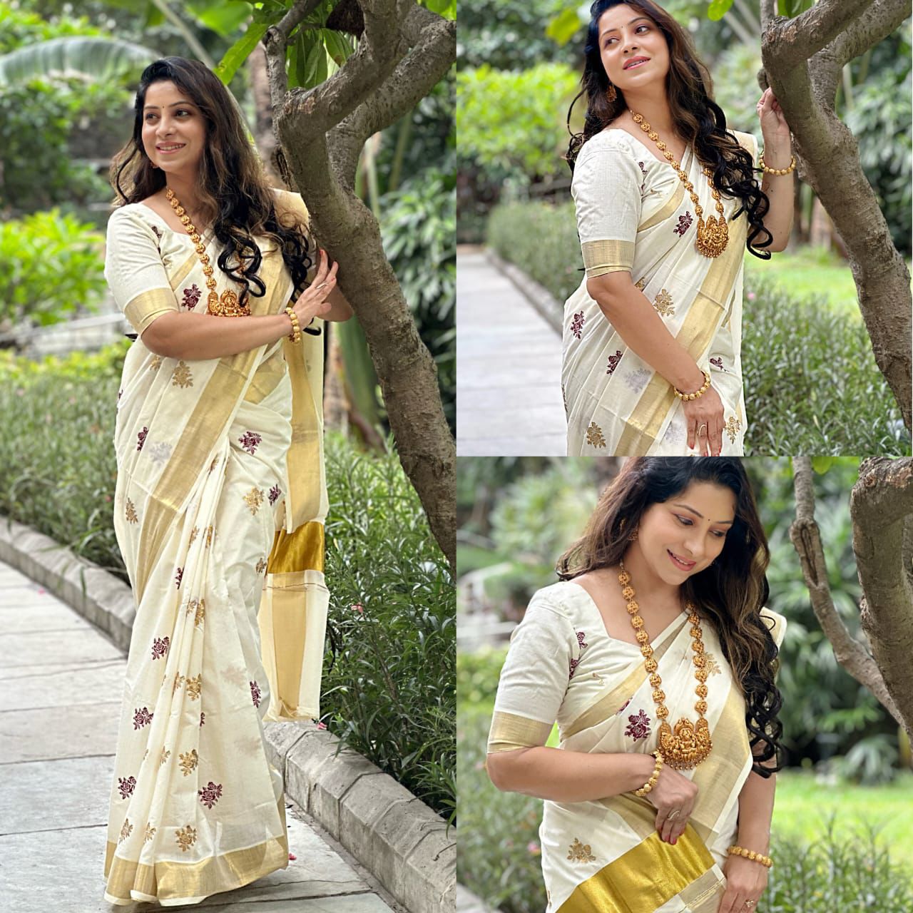 Kerala Cotton Kasavu Saree with Floral Embroidery Works