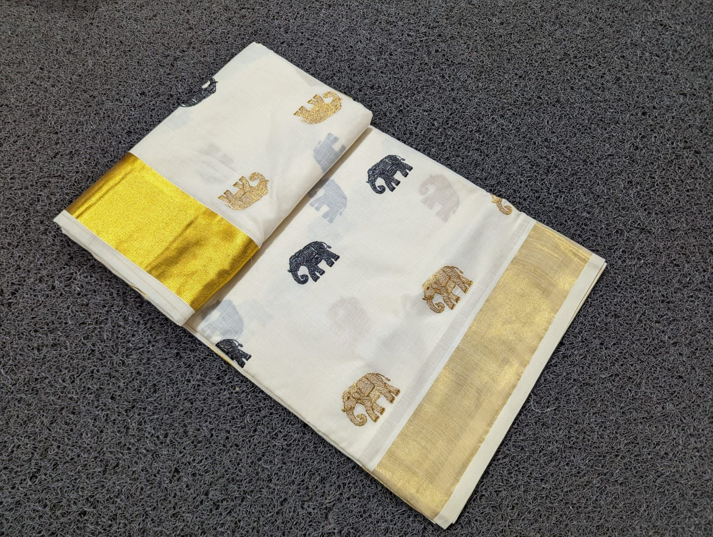 Kerala Cotton Kasavu Saree with Elephant Embroidery Works