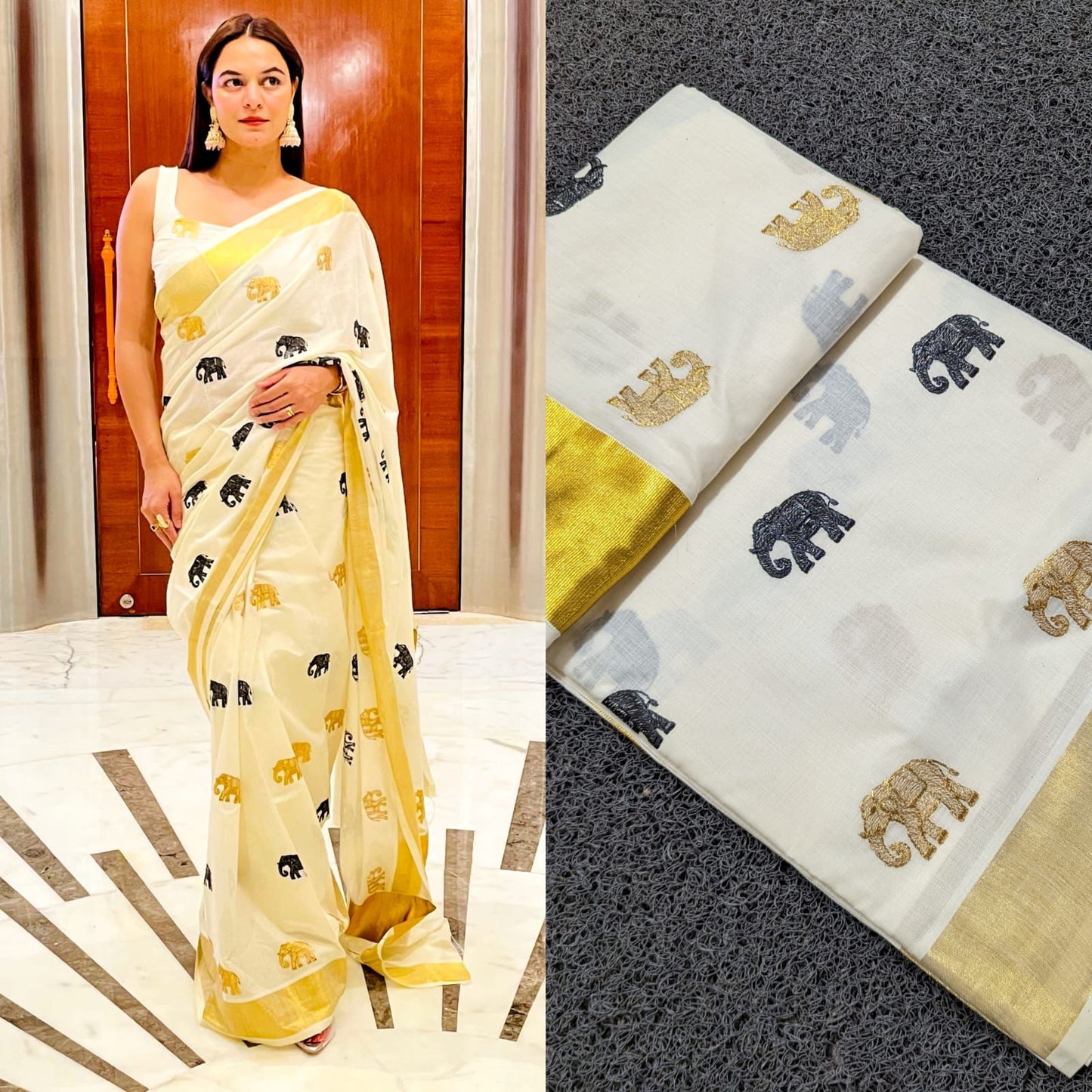 Kerala Cotton Kasavu Saree with Elephant Embroidery Works