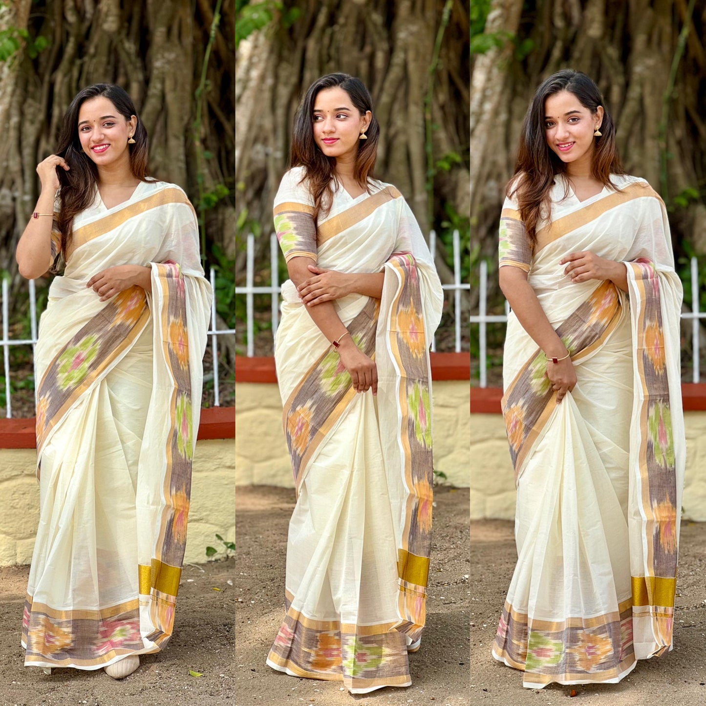 Kerala Cotton Kasavu Saree with Pochampally Design Border