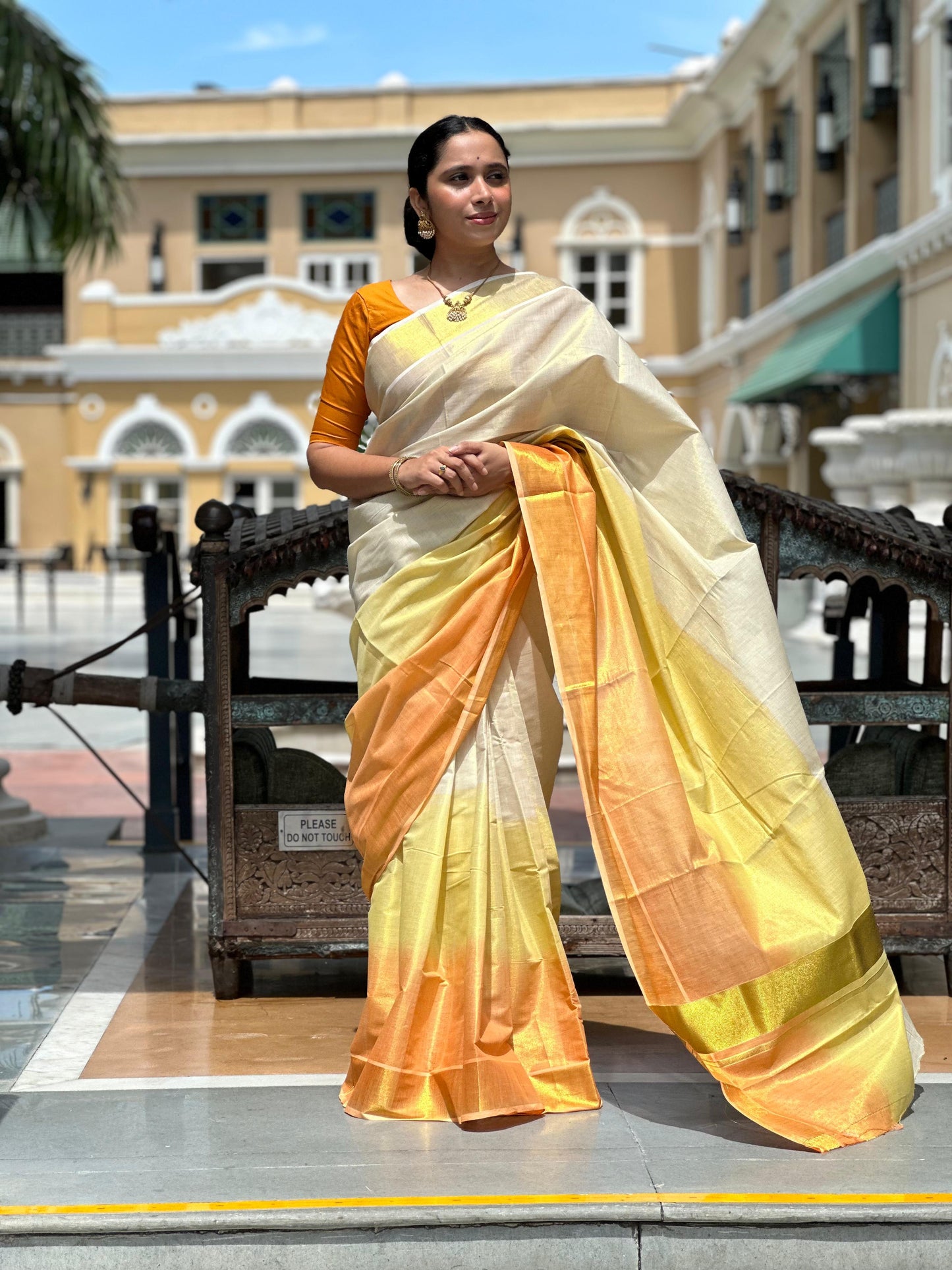 Southloom Tie & Dye Multi Colour Yellow and Orange Tissue Kasavu Saree