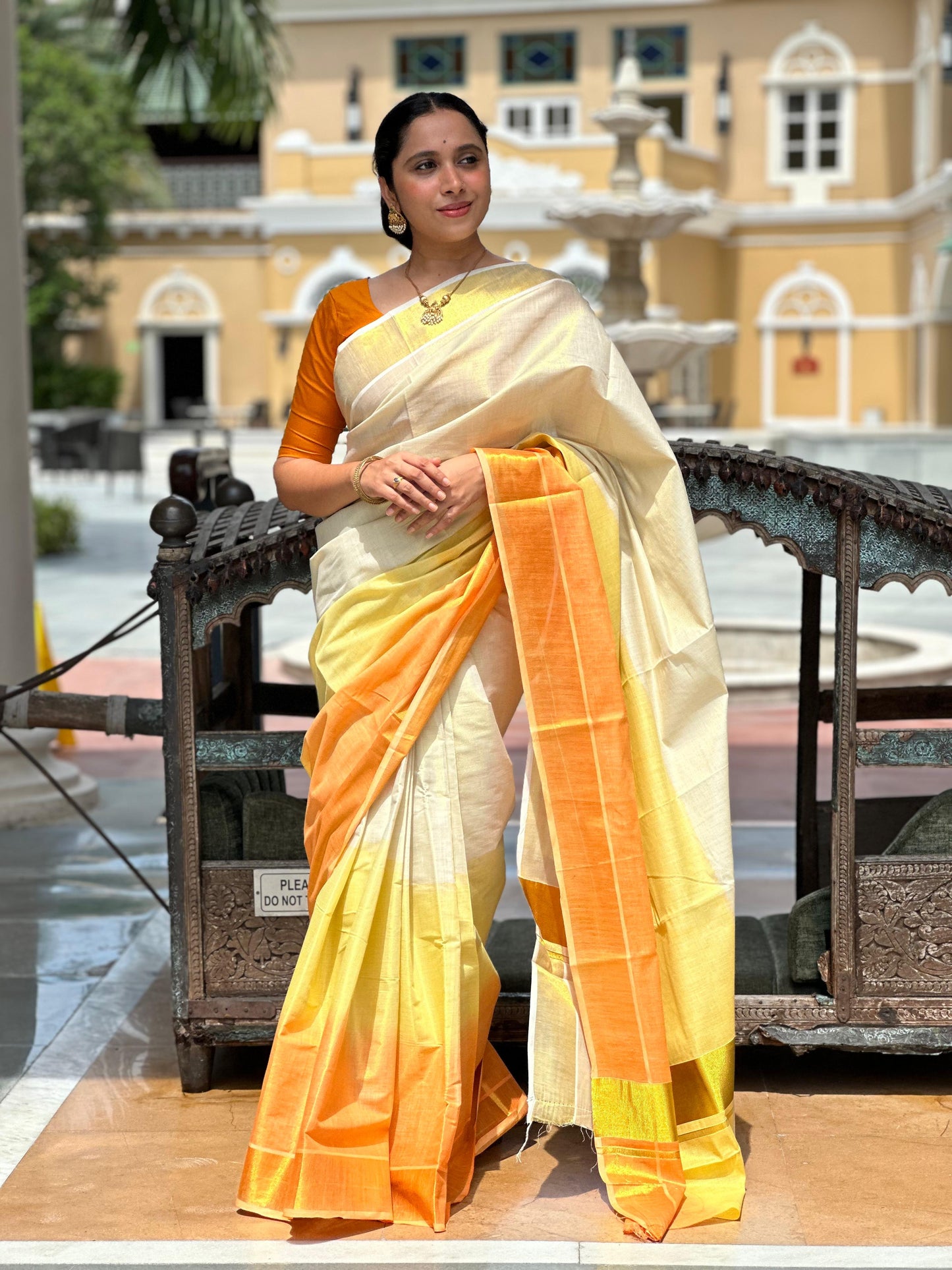 Southloom Tie & Dye Multi Colour Yellow and Orange Tissue Kasavu Saree