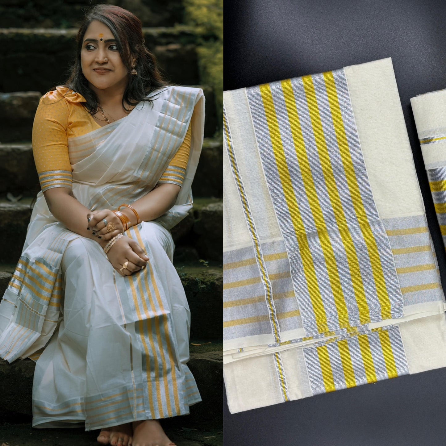 Kerala Cotton Set Mundu (Mundum Neriyathum) with Golden and Silver Lines on Border