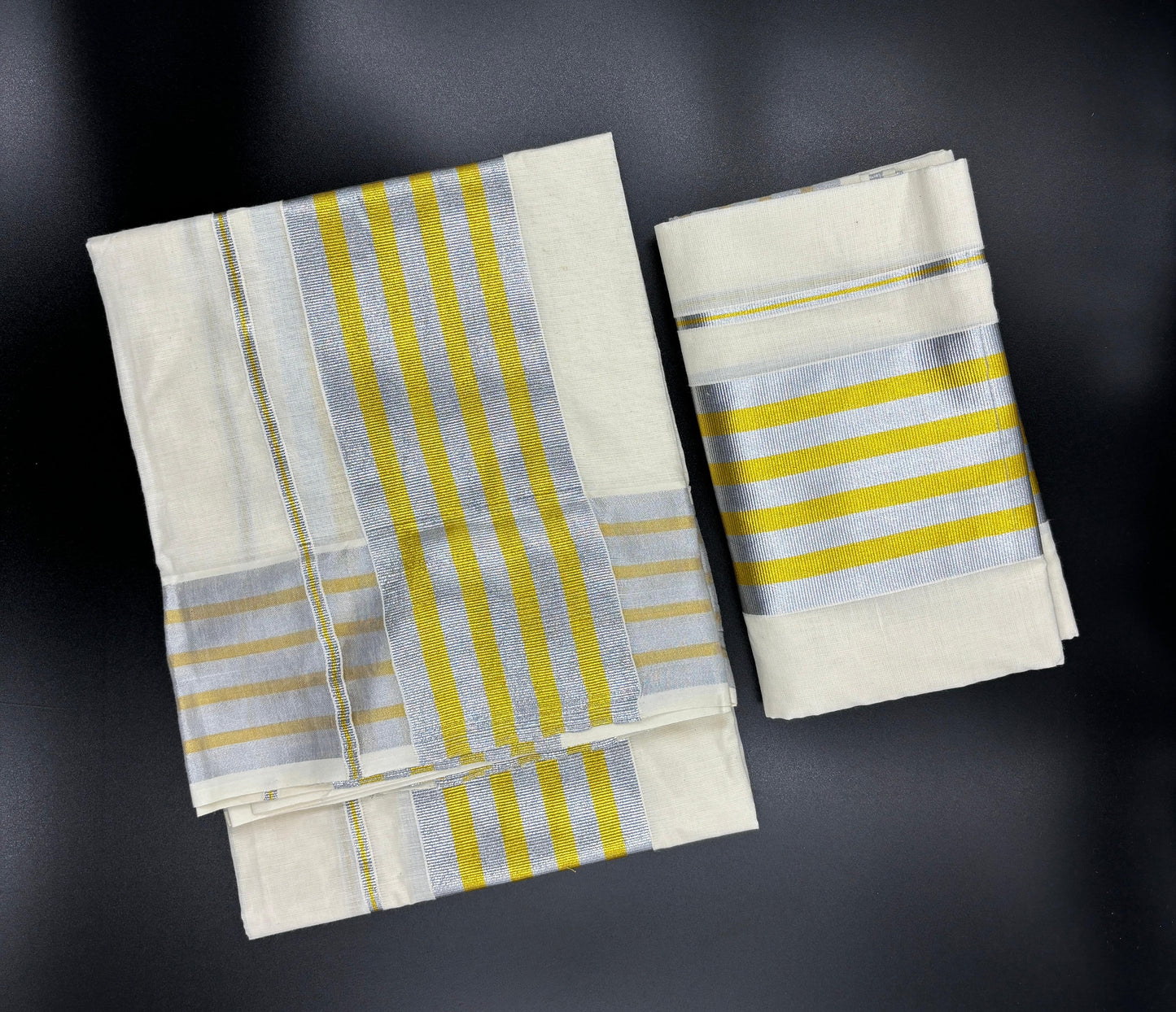 Kerala Cotton Set Mundu (Mundum Neriyathum) with Golden and Silver Lines on Border