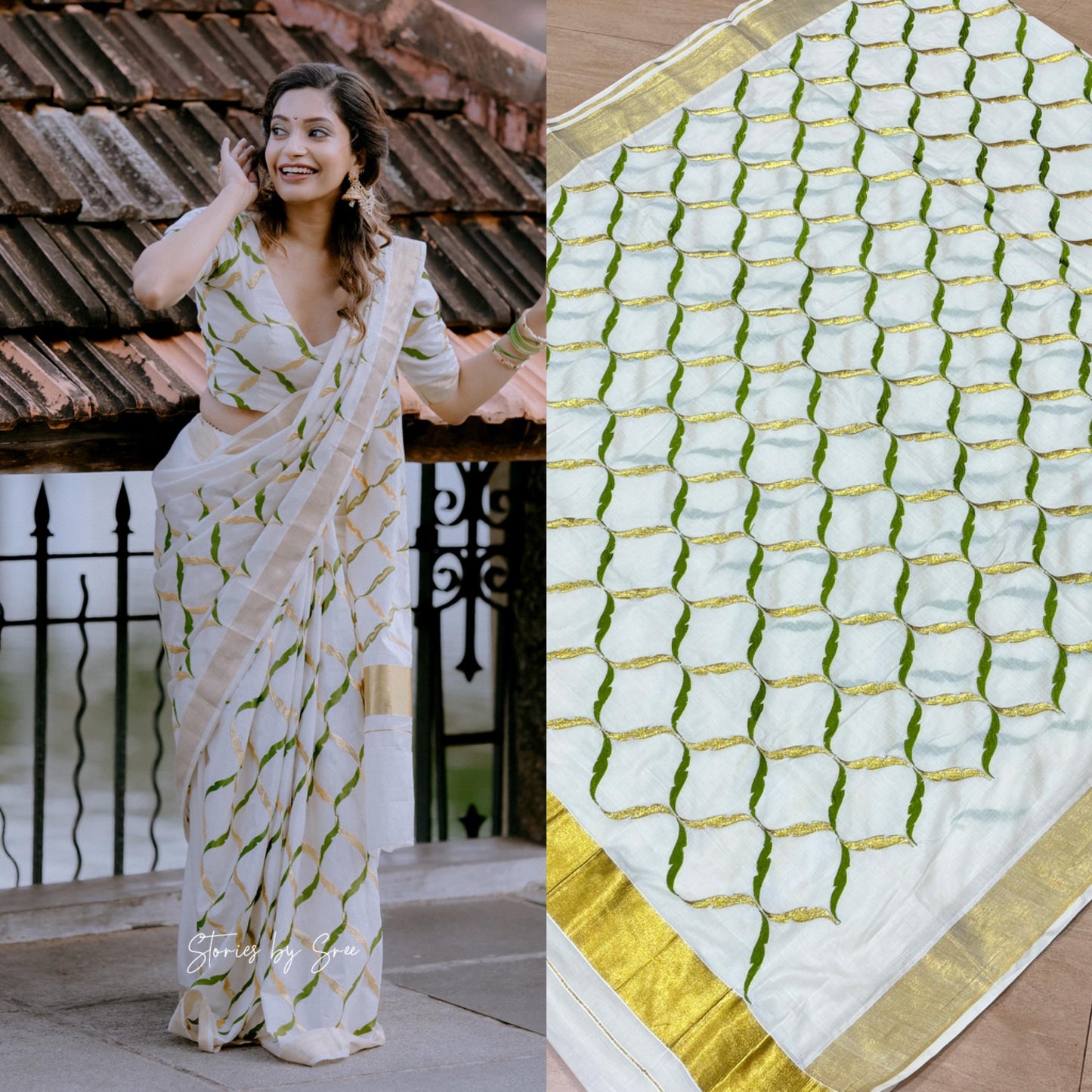 Southloom Cotton Kerala Kasavu Saree with Green and Golden Floral Designs