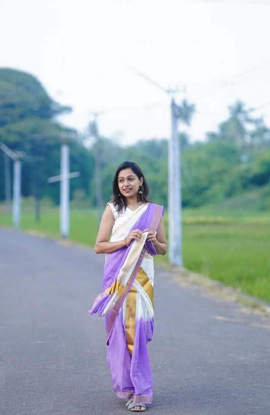 Southloom Tie & Dye - Half & Half  Multi Colour Lavender Design Set Mundu (Mundum Neriyathum) with Super Soft Cotton 2.80 Meter