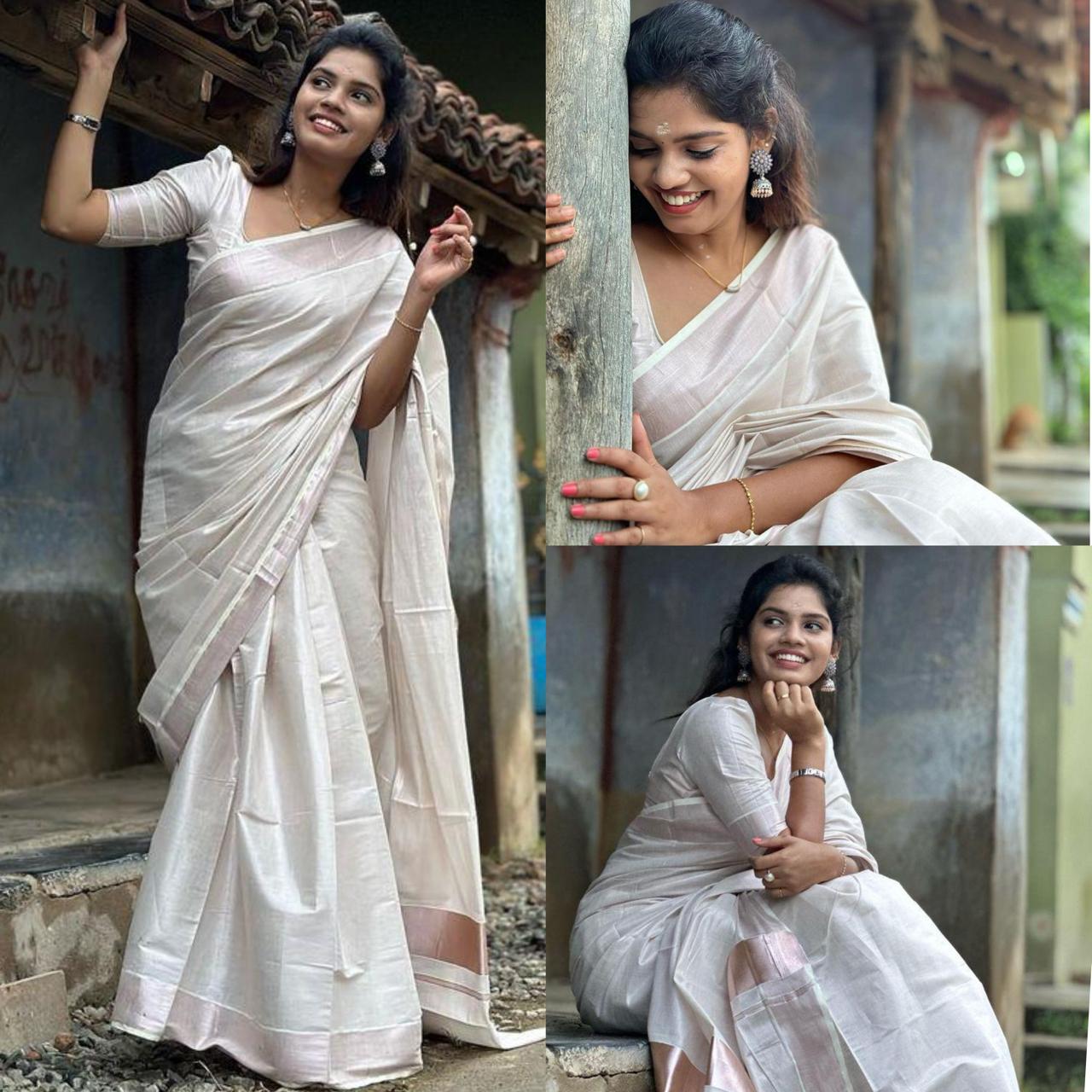 Kerala Tissue Saree With Rose Copper Kasavu