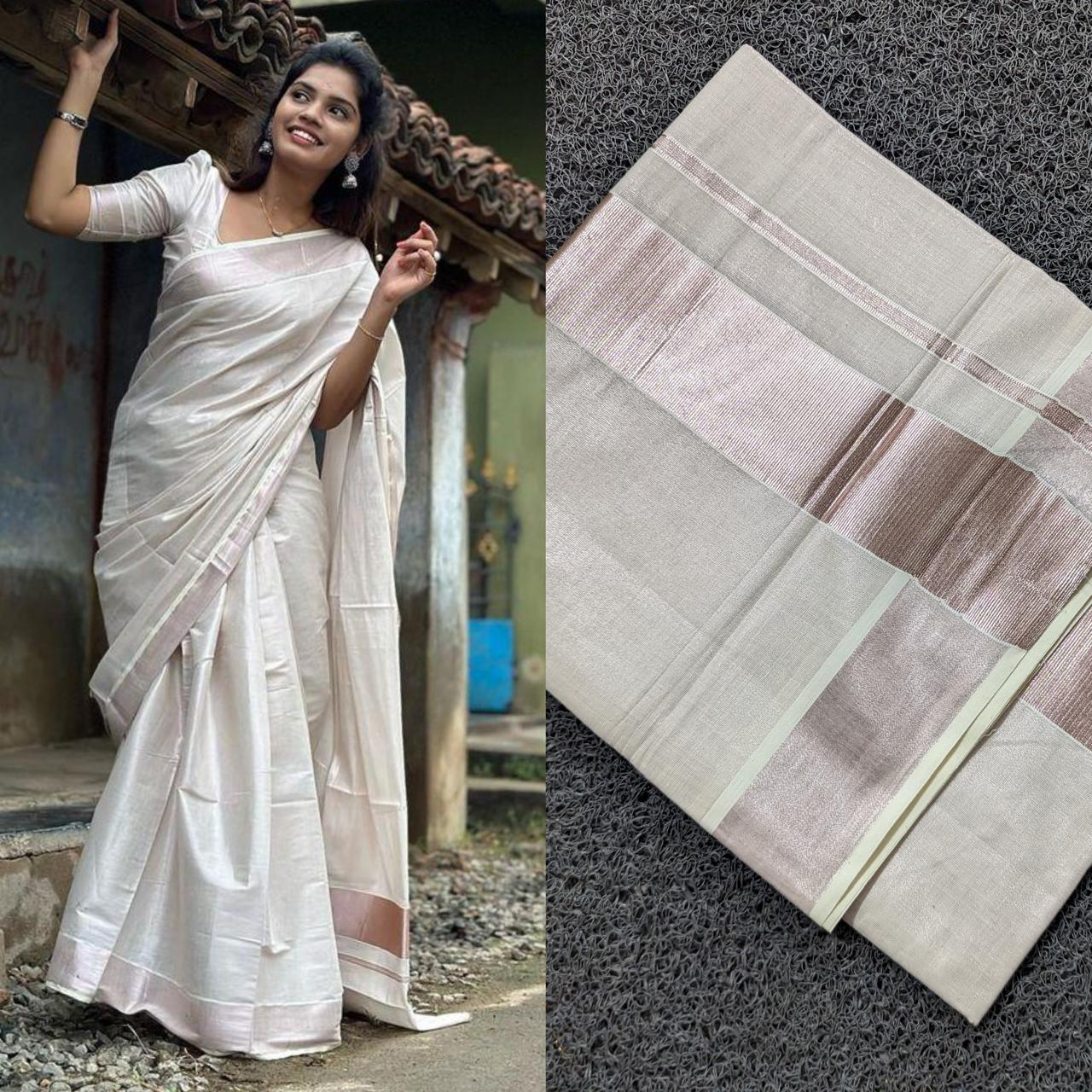 Kerala Tissue Saree With Rose Copper Kasavu