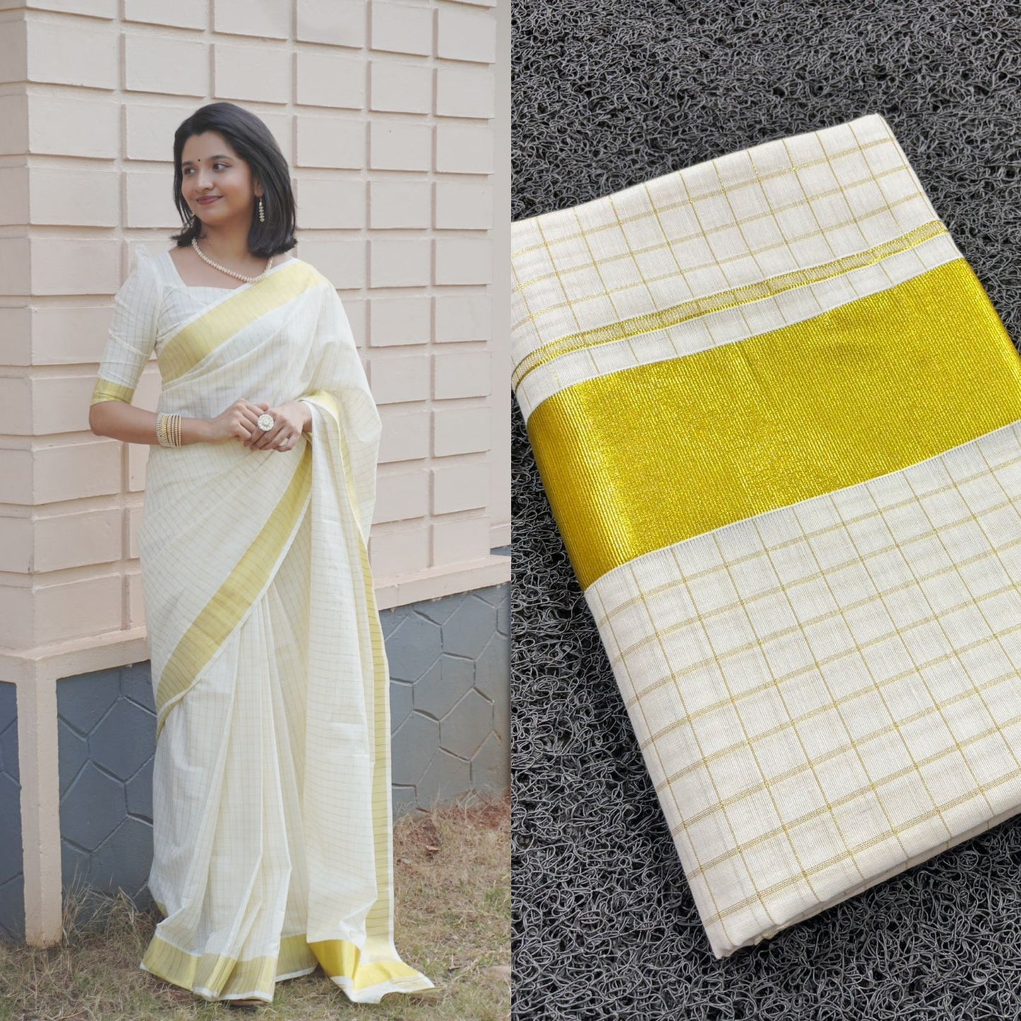 Pure Cotton Kerala Ready To Wear Saree with Kasavu Check Designs Across Body