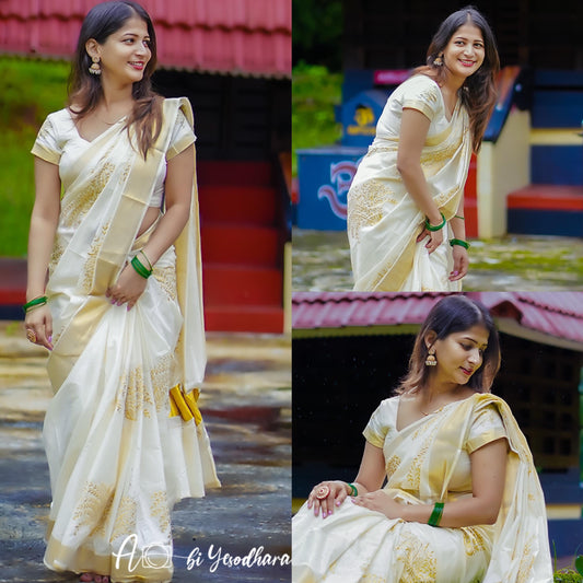 Southloom Nell Kathir Embroidery Golden Kasavu Kerala Saree