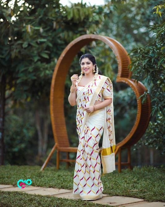 Southloom Cotton Kerala Kasavu Saree with Red and Golden Floral Designs