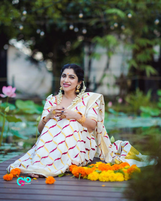 Southloom Cotton Kerala Kasavu Saree with Red and Golden Floral Designs