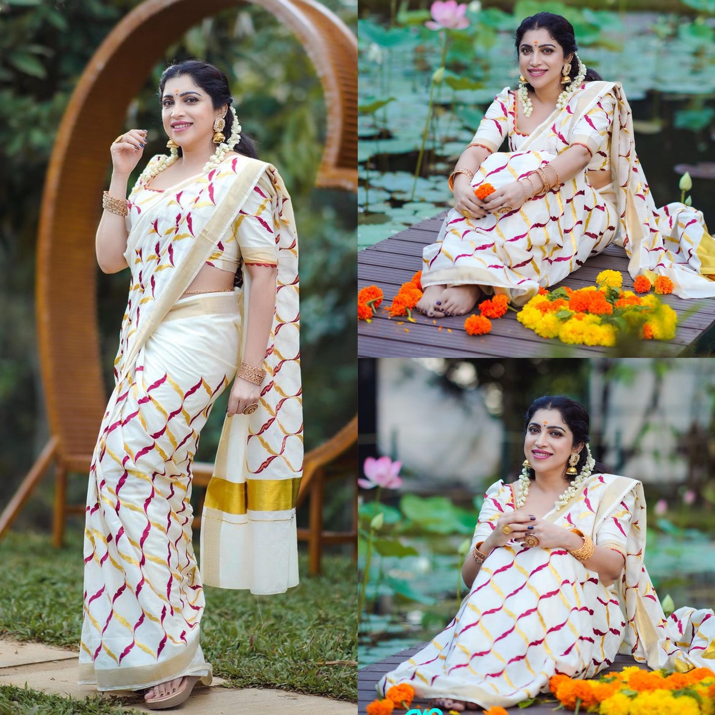 Southloom Cotton Kerala Kasavu Saree with Red and Golden Floral Designs