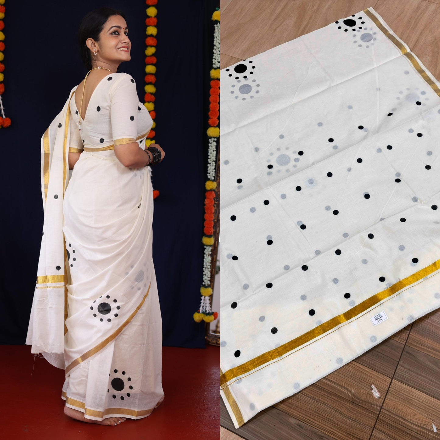 Pure Cotton Kerala  Kasavu Saree with Black Block Polka Dot Prints on Body