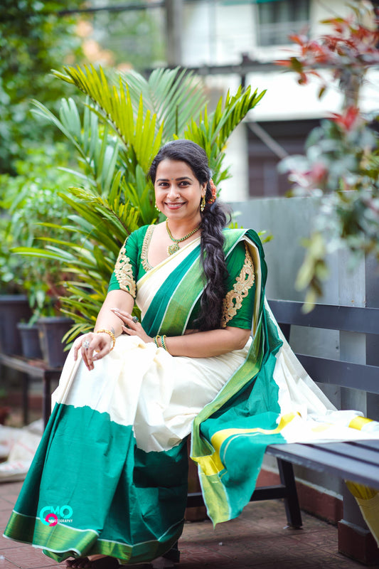 Southloom Tie and Dye Multi Colour Green Kasavu Saree