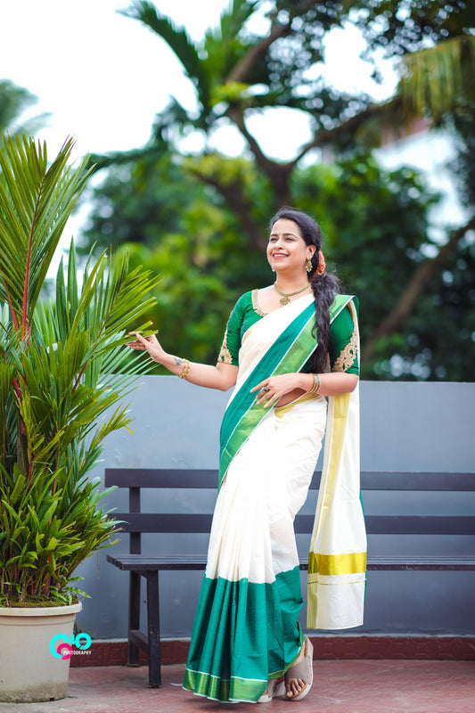 Southloom Tie and Dye Multi Colour Green Kasavu Saree