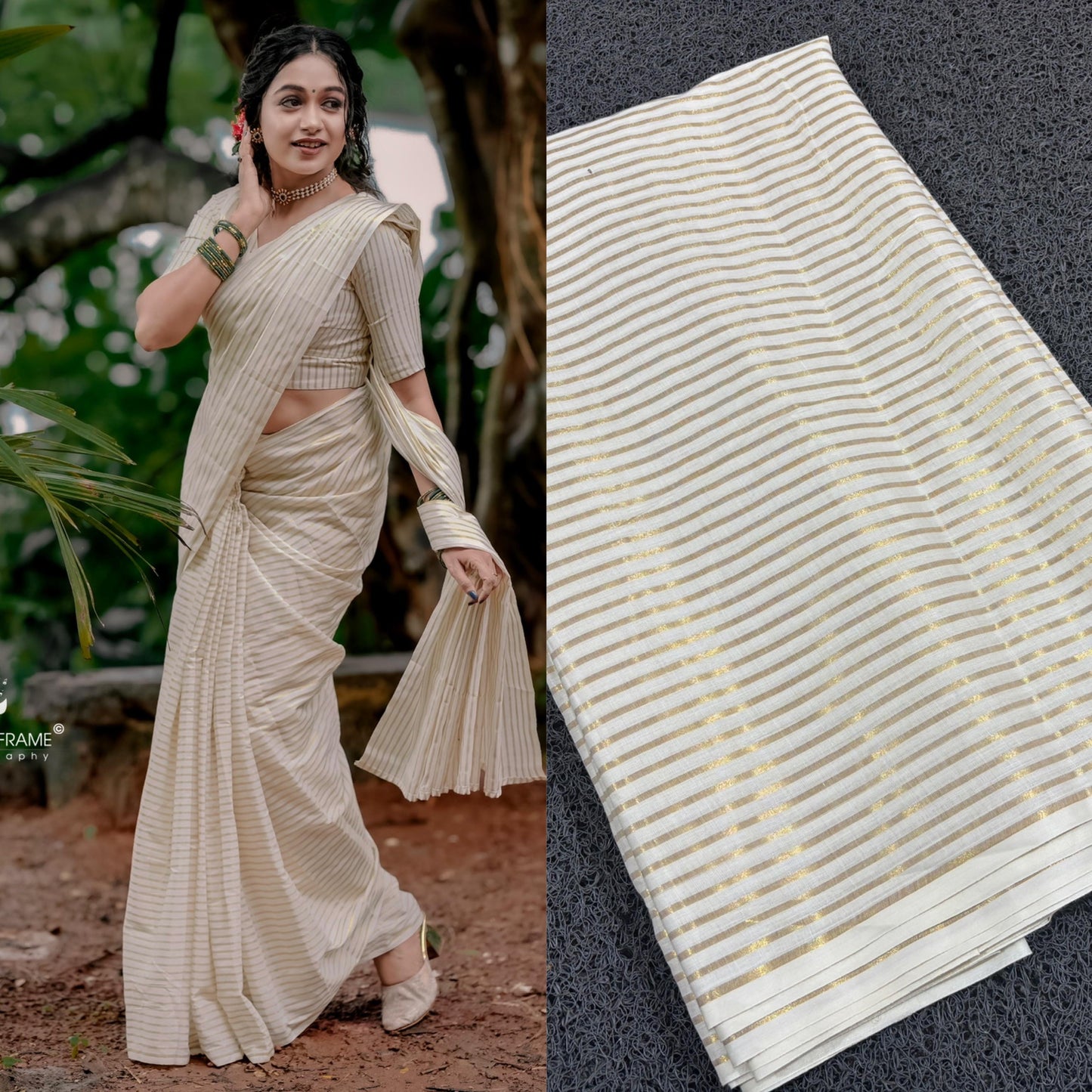 Kerala Cotton Saree with Golden Kasavu Lines on Body