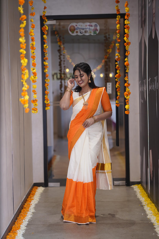 Southloom Tie and Dye Multi Colour Orange Kasavu Saree