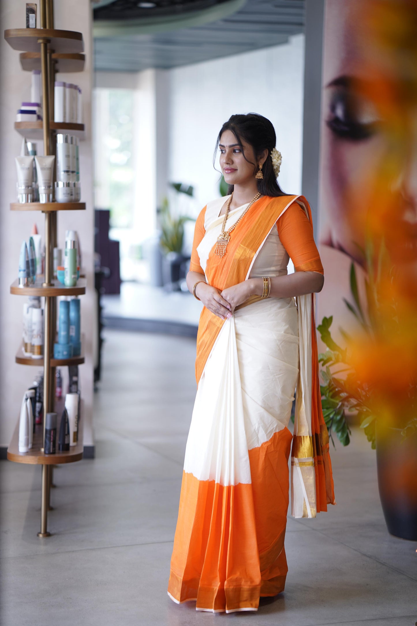 Southloom Tie and Dye Multi Colour Orange Kasavu Saree