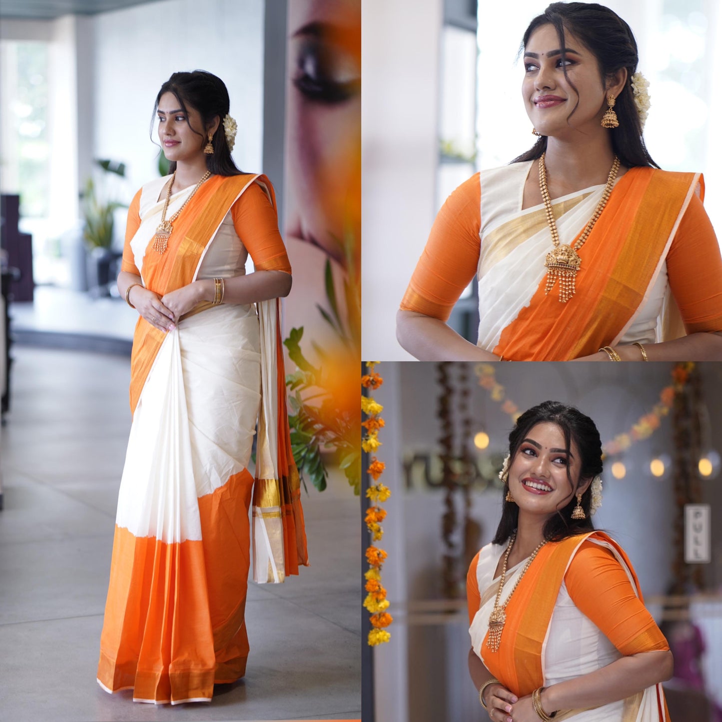 Southloom Tie and Dye Multi Colour Orange Kasavu Saree