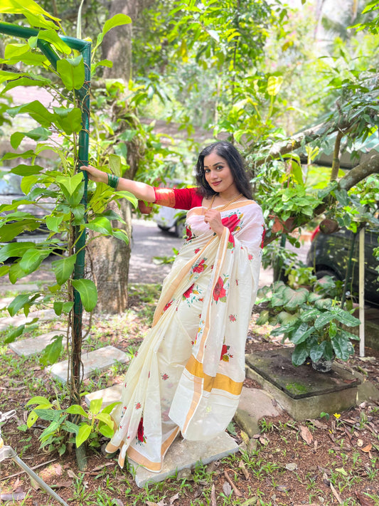 Kerala Cotton Digital Print Saree with Red Floral Designs