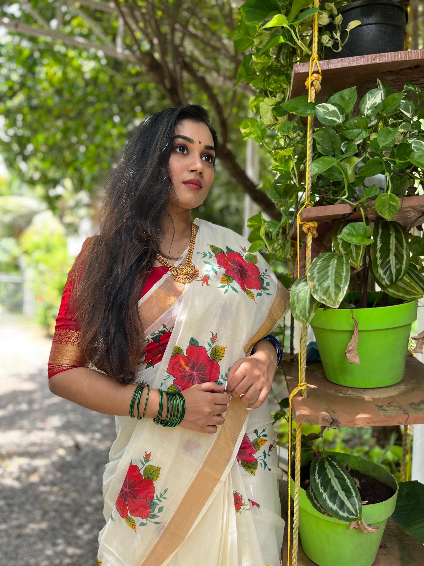 Kerala Cotton Digital Print Saree with Red Floral Designs