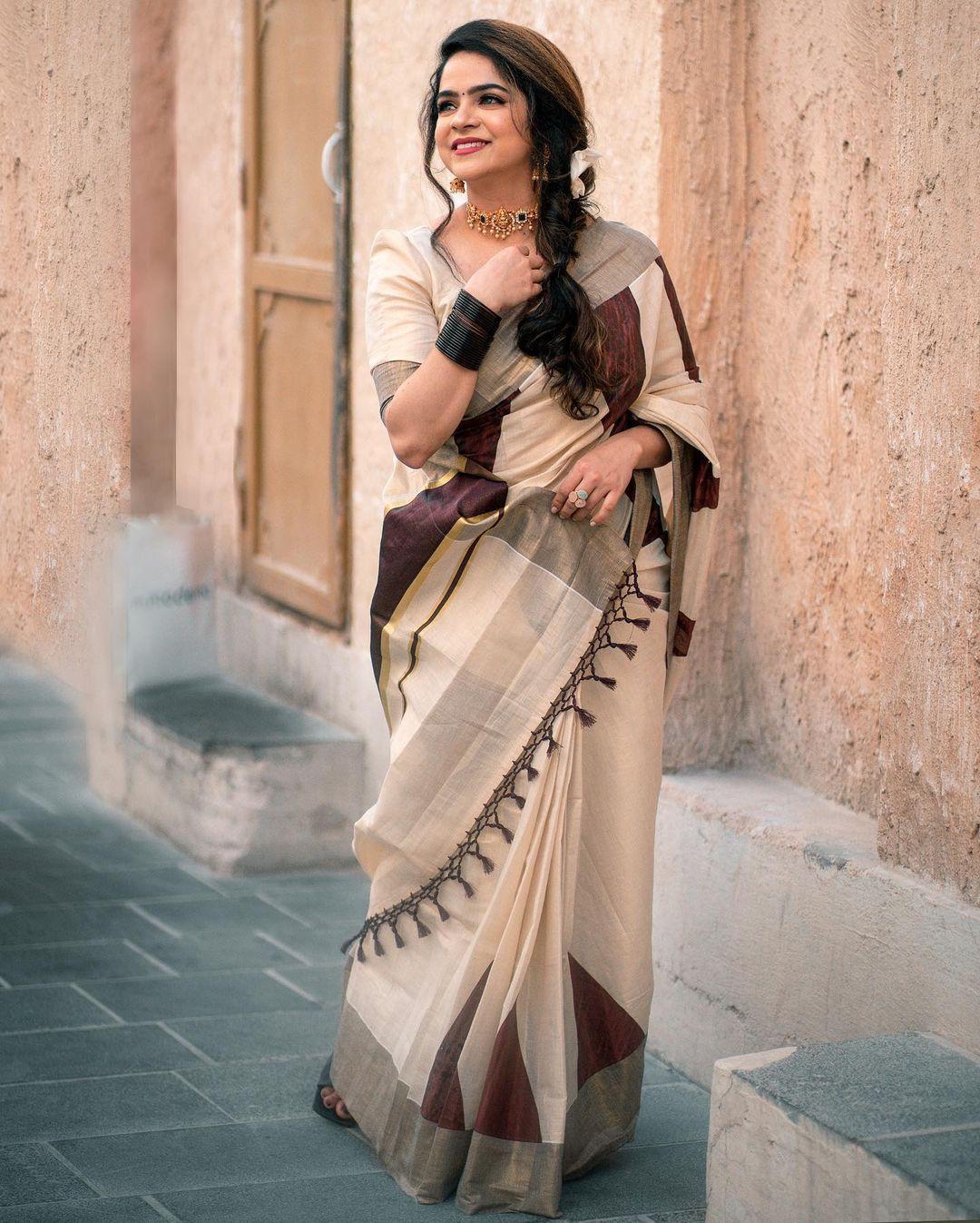 Kerala Tissue Brown Block Printed Saree With Temple Border