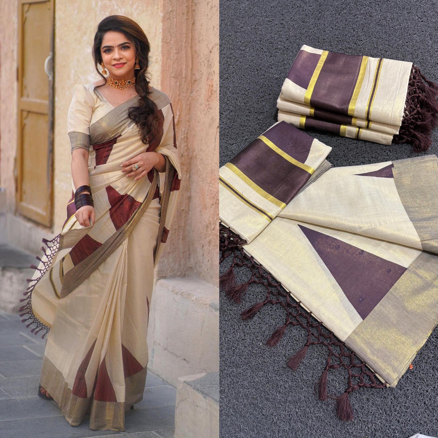 Kerala Tissue Brown Block Printed Saree With Temple Border