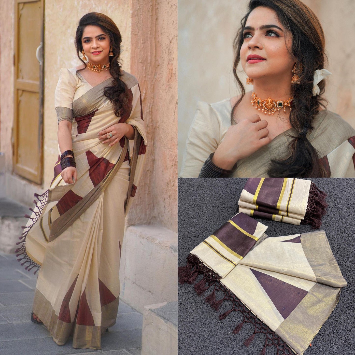 Kerala Tissue Brown Block Printed Saree With Temple Border