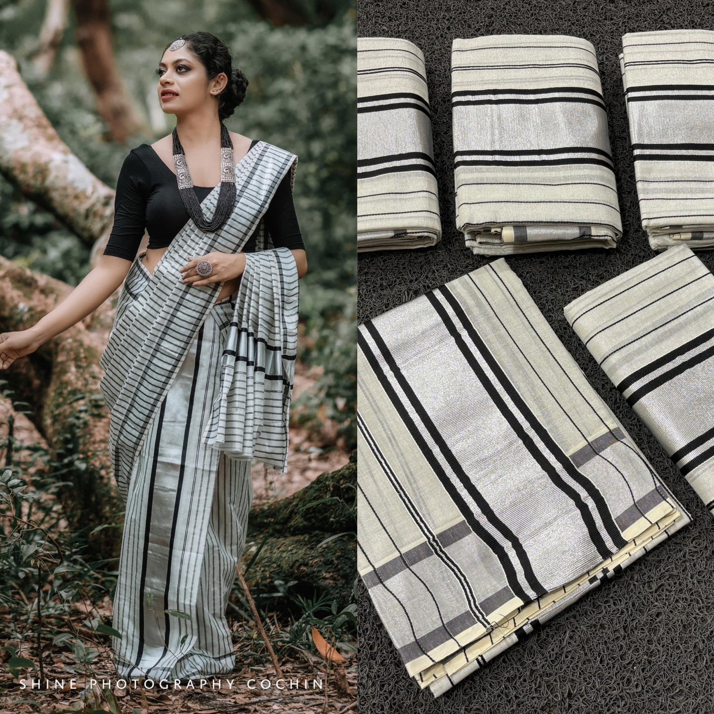 Silver Kasavu Tissue Set Mundu Single (Mundum Neriyathum) with Black Lines Across Body 2.80 Mts