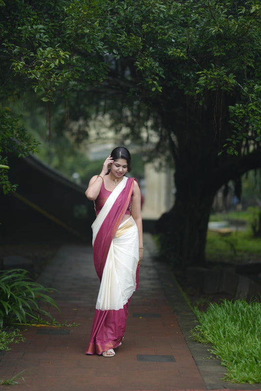 Southloom Tie and Dye Multi Colour Red Kasavu Saree (Onam 2024 Collection)