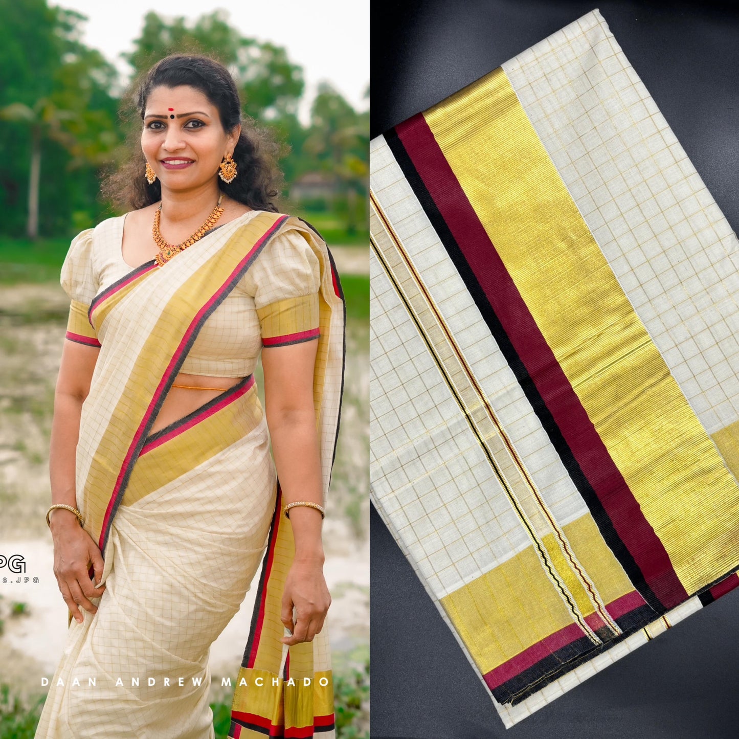 Pure Cotton Kerala Kasavu Checkered Saree with Maroon and Black Border