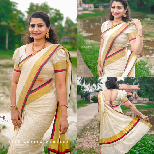 Pure Cotton Kerala Kasavu Checkered Saree with Maroon and Black Border