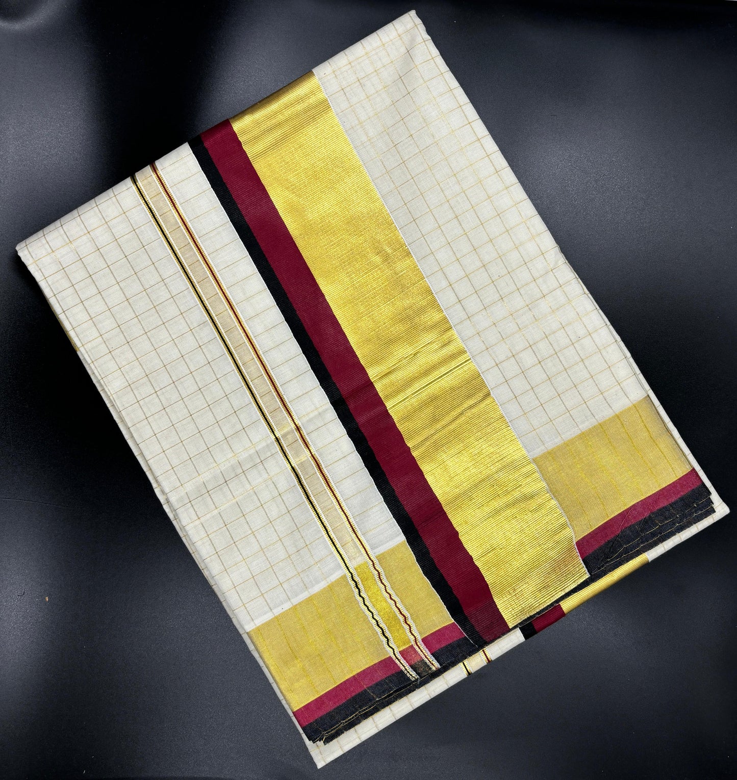 Pure Cotton Kerala Kasavu Checkered Saree with Maroon and Black Border