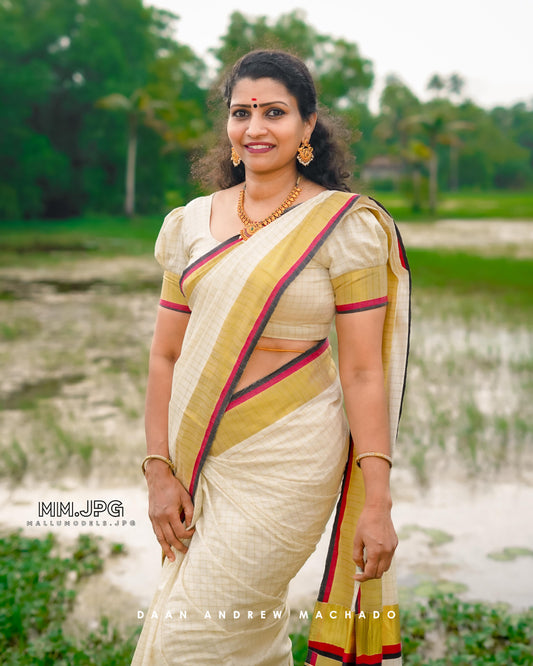 Pure Cotton Kerala Kasavu Checkered Saree with Maroon and Black Border